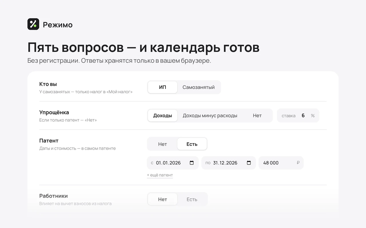 Анкета расширения: ИП или самозанятый, объект УСН и ставка, даты и стоимость патента, работники, НДС